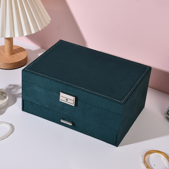 Cutie bijuterii, verde, cu doua straturi, organizare, protectie