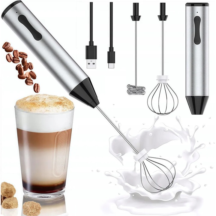 Frother electric pentru lapte, USB reincarcabil, doua viteze ajustabile, inox 304, accesorii aparate cafea