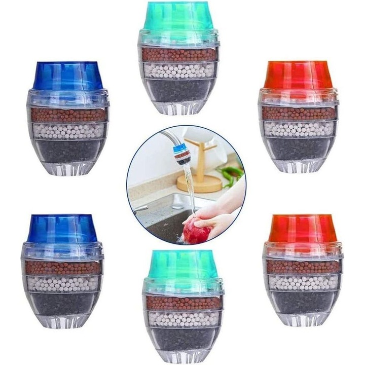 Set 12 filtre de apa pentru robinet cu carbon activ, purificator mini, 3 straturi, dimensiuni compacte