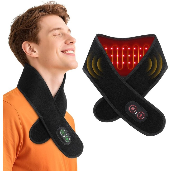 Banda de masaj pentru gat, incheieturi si picioare, cu 36 LED-uri rosii, 3 moduri de vibratie si incalzire, 33.5 inch, alimentare wireless.