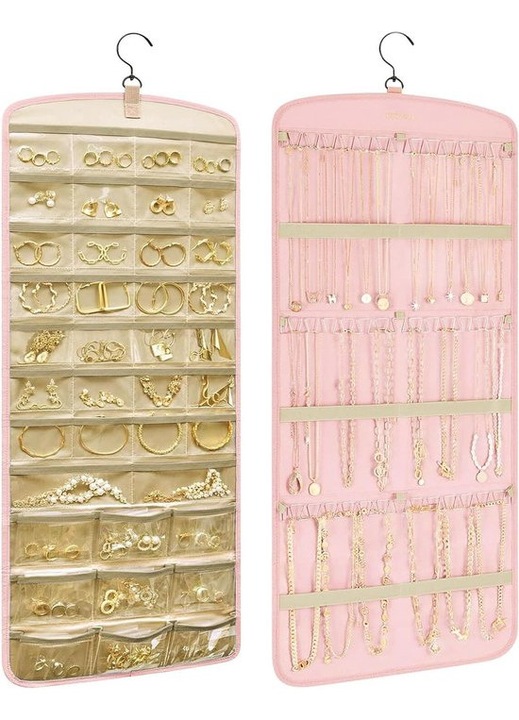 Cutie bijuterii dubla fata pliabila, roz, pentru depozitare