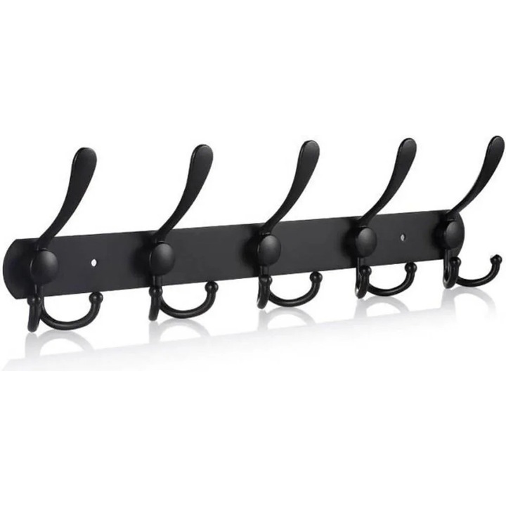 Suport perete pentru haine, 5 carlige, design elegant, negru