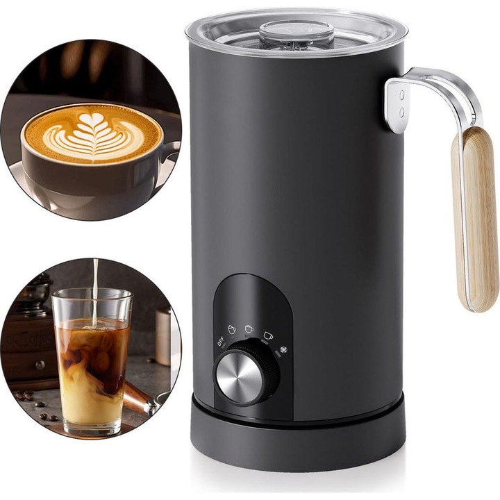Frother de lapte multifunctional, 5 in 1, negru, 350ml, din otel inoxidabil 304