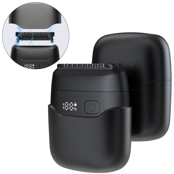 Aparat de ras electric, design cu doua capete, utilizare umeda si uscata, incarcare USB-C, 80x64x33mm