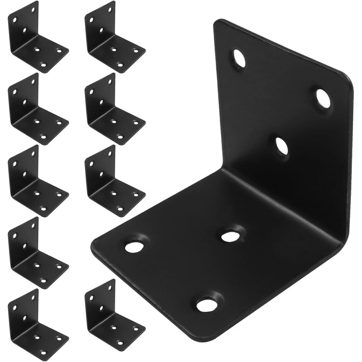 Set 10 bucati coltare din otel inoxidabil negru, 5x5cm, pentru rafturi, rezistente la rugina