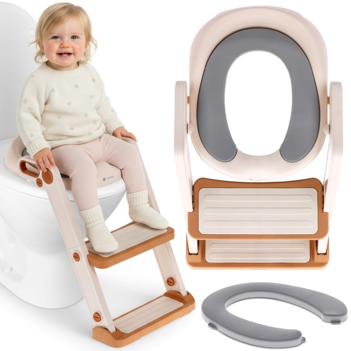 Reductor Wc Pentru Copii Cu Scara Si Trepte Antiderapante Reglabil Cu Sezut Moale Sun Baby Alb Auriu