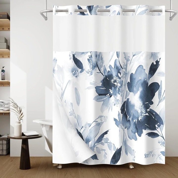 Set perdea de dus 3 in 1, design imprimat, polyester, 180x188cm, albastru si alb.