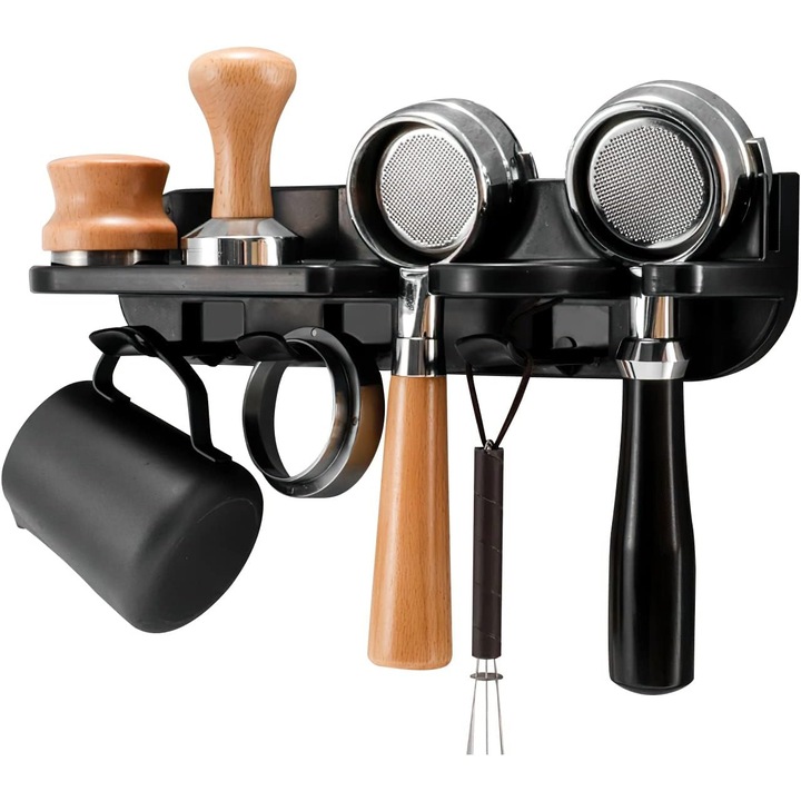 Suport de perete pentru accesorii cafea, cu tamper espresso, 54mm, negru, set organizator
