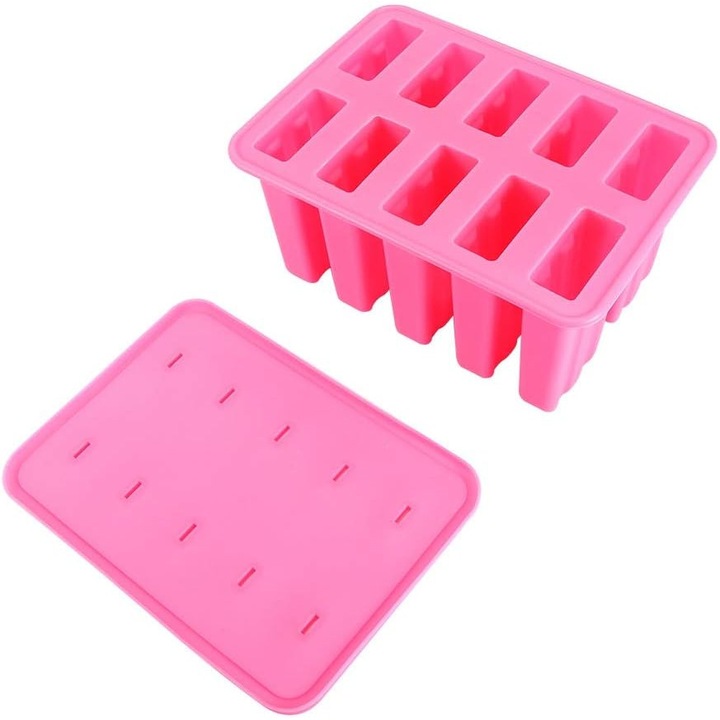 Forma de inghetata 10 compartimente, include 50 bete, silicon sigur, roz, 20.6x14.7x10.4cm