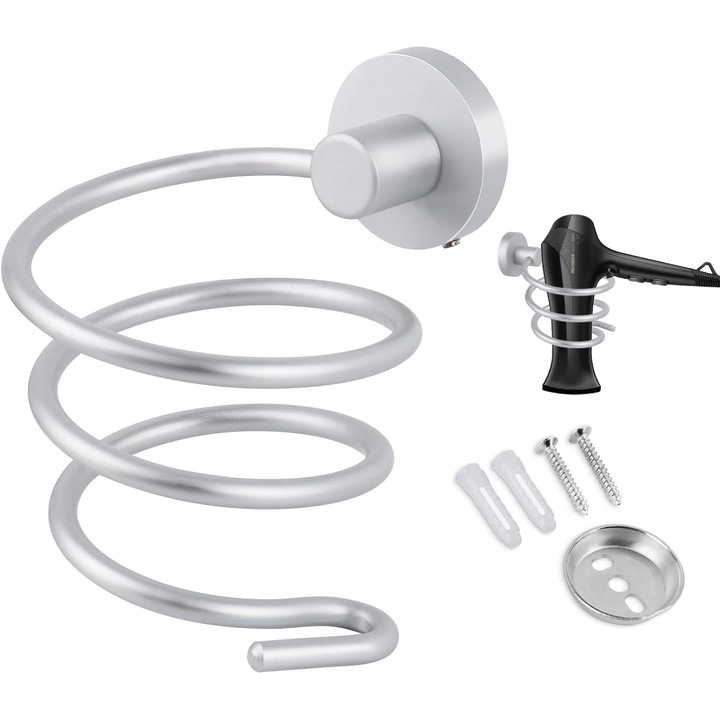 Suport pentru uscator de par, spiral, din aluminiu, rezistent la rugina, montare pe perete, accesorii pentru baie