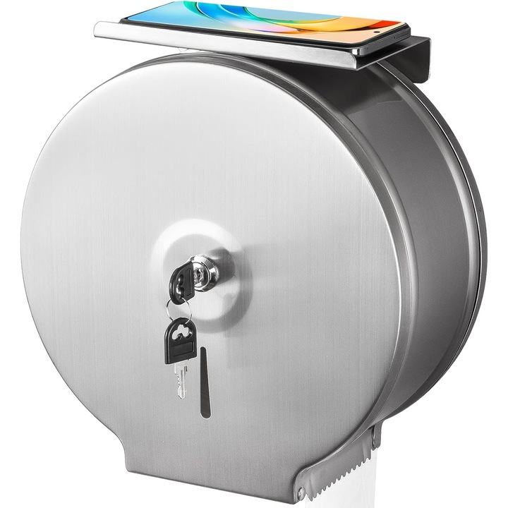 Suport de hartie igienica extra-large, cu raft, din otel inoxidabil, montat pe perete, argintiu