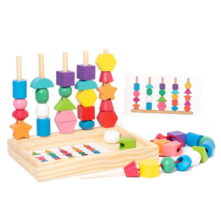 Set educativ Montessori, 1 cutie de depozitare, 5 stalpi, 25 margele colorate, 2 sireturi, 8 carduri cu modele, pentru dezvoltarea abilitatilor motorii fine, 3-5 ani