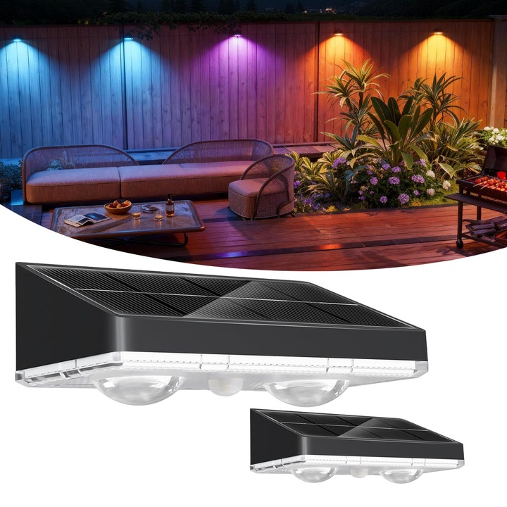 Lampi solare pentru gard, set de 2, design cu lentila duala, rezistente la apa IP67, 7 culori, pentru exterior