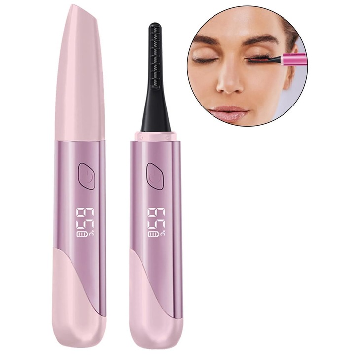 Curler de gene incalzit USB, 15 secunde incalzire, 4 setari de temperatura, display LED roz, accesorii machiaj
