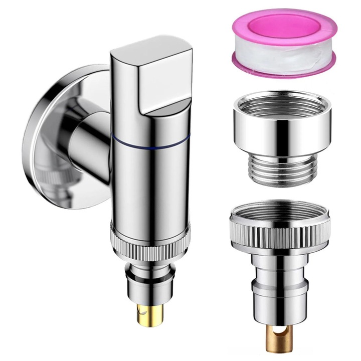 Robinet pentru masina de spalat, unghiular, 9x4.5cm, conectare G1/2 si G3/4, argintiu