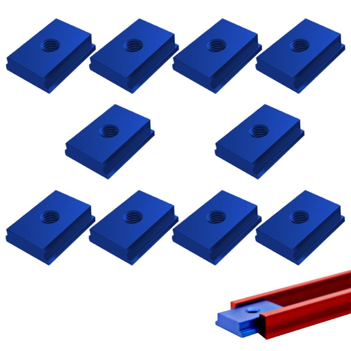 Set de 10 piulite glisante T-slot, M8, aluminiu, pentru proiecte de prelucrare a lemnului, albastru