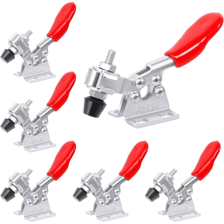 Set 6 cleme de prindere pentru lemn cu suport metalic orizontal, rosu, dimensiuni variate