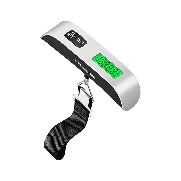 Cantar electronic de bagaje, 110 lbs, design portabil, ecran LCD iluminat, functie de tare, set de unitati