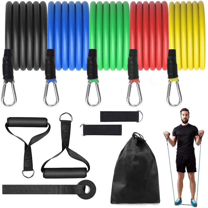 Set benzi elastice de rezistenta 150 lbs, 5 benzi, diverse culori, accesorii incluse, design compact