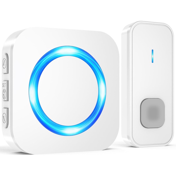 Sonerie electrica wireless, 400m, 55 tonuri, volum ajustabil, indicator LED, alb