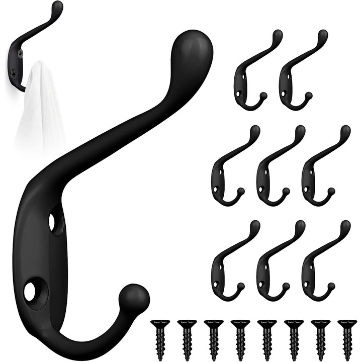 Set 8 Cuiere Metalice Retro, Alb, Design cu Doua Carlige, Include Suruburi, Montare pe Perete