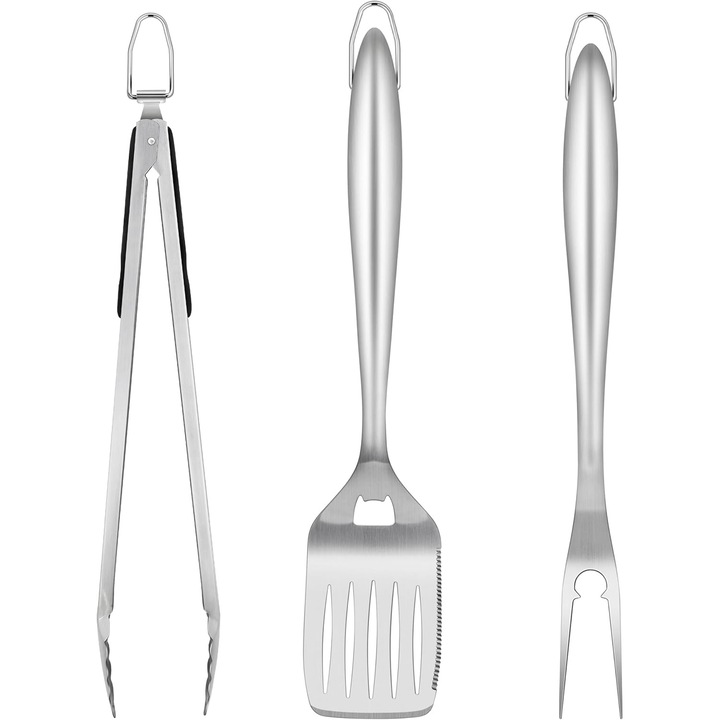 Set de ustensile pentru gratar din otel inoxidabil, 3 piese, spatula, cleste si furculita, 43.7cm, 44.5cm