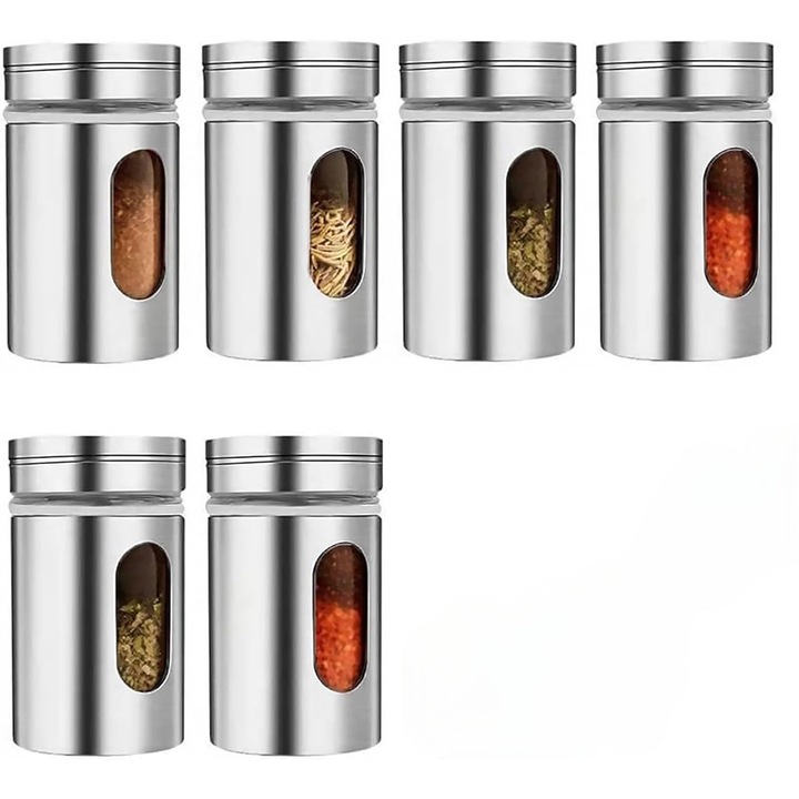 Set de 6 borcane condimente din inox, 80ml, 8x5cm, argintii