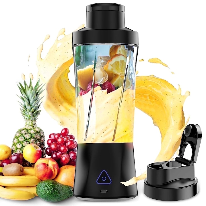 Blender portabil 2-in-1, 15 oz, cu capac pentru sucuri si capac pentru baut, 12 lame din otel inoxidabil, acumulator 1500mAh, design compact