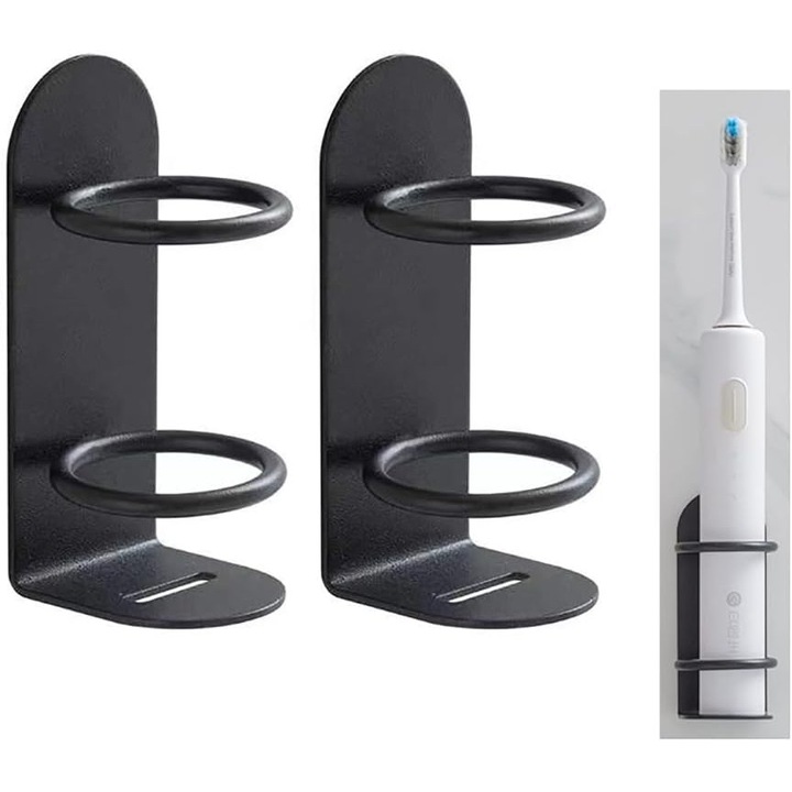 Suport periute de dinti montat pe perete, set de 2, fier forjat, rezistent la apa, negru