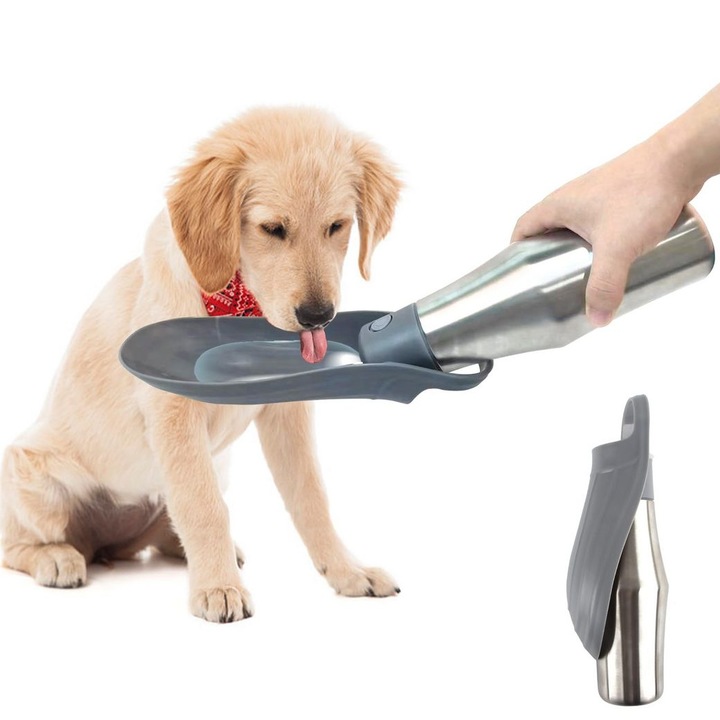 Sticla de apa portabila pentru caini, 750ml, capacitate mare, gri