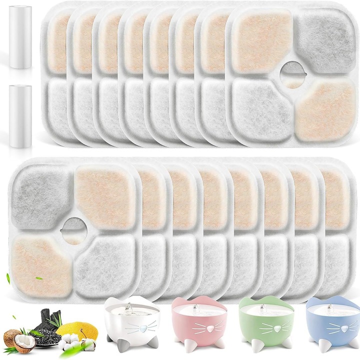 Set 20 cartuse filtrante si 2 furtunuri pentru fantana de apa Catit PIXI, filtrare tripla, multicolor