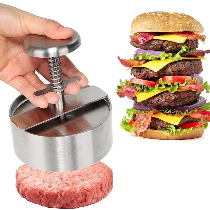 Presa pentru hamburger din otel inoxidabil, design cu revenire rapida, usor de curatat, dimensiune mica 11.5cm