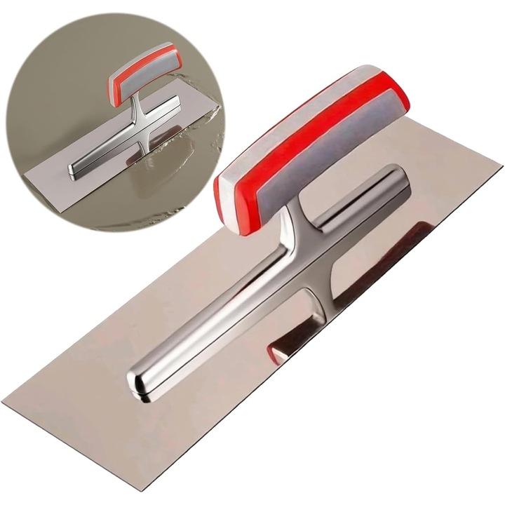 Spatula de finisare pentru beton, inox, design ergonomic, manere antiderapante, 30x10cm
