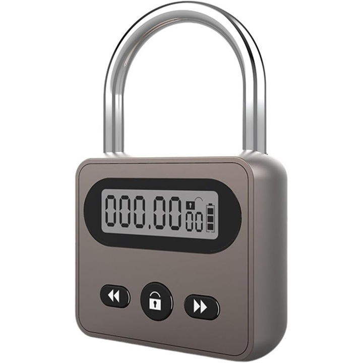 Lacat cu timer metalic, 999 ore, display LCD, reincarcabil USB, design rezistent la apa