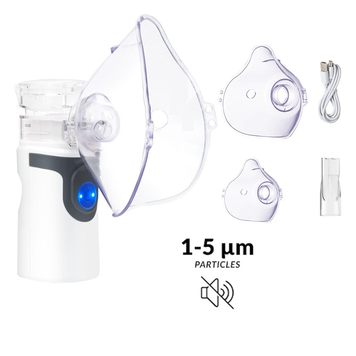 Aparat Aerosoli Portabil Silentios Vhipu® Inhalator Nebulizator Mesh Ultrasonic, Rezervor 10 ml, Terapie Rapida, Auto-Curatare, Baterie 1200 mAh USB-C, Aerosoli Copii & Adulti, Kit Masti Incluse