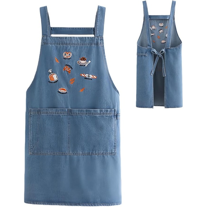 Sort de bucatarie din denim, set cu buzunare, respirabil, detalii decorative, multicolor, pentru gatit si proiecte DIY