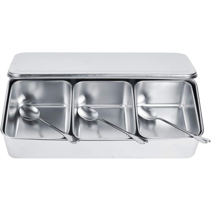 Set rasnite si dozatoare condimente din otel inoxidabil, 3 compartimente, cu capac si lingura, pentru bucatarie si dining