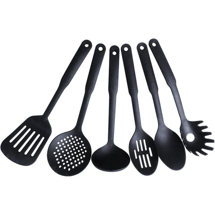 Set 6 ustensile de bucatarie, spatula, lingura, strecuratoare, negru, material PP si nylon