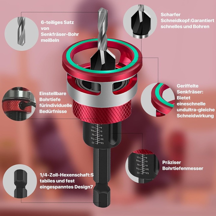 Set de burghie conice pentru lemn cu limitator de adancime, 1/4-inch hex, 2.8x8mm, 3.2x8mm, 3.5x10mm, 4x10mm