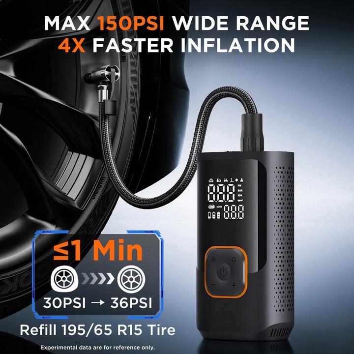 Compresor auto portabil, 150PSI, pompa fara fir cu manometru digital, 4 moduri de umflare, set de adaptoare, acumulator reincarcabil