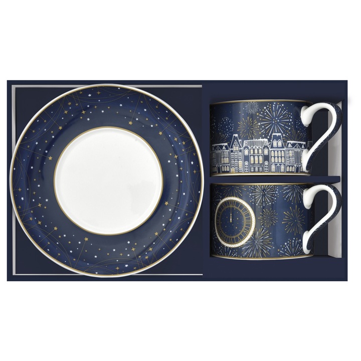 Set 2 cesti + farfurii 240 ml - Midnight, Portelan, Multicolor