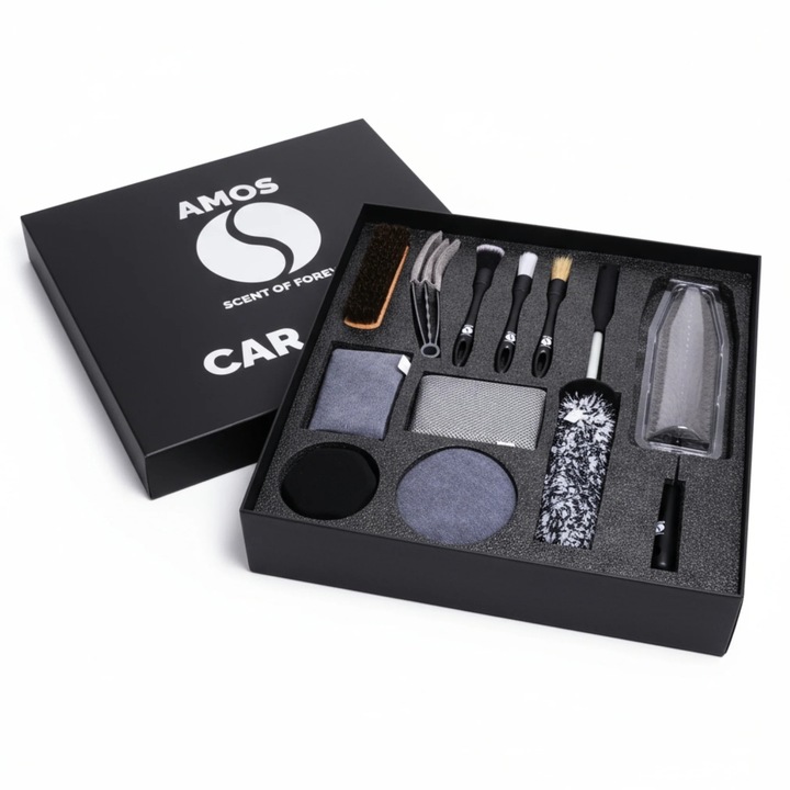 Set complet accesorii detailing auto AMOS Car Care, kit profesional curatare interior exterior, perii detailing, microfibra, aplicatoare, pentru jante, bord, tapiterie