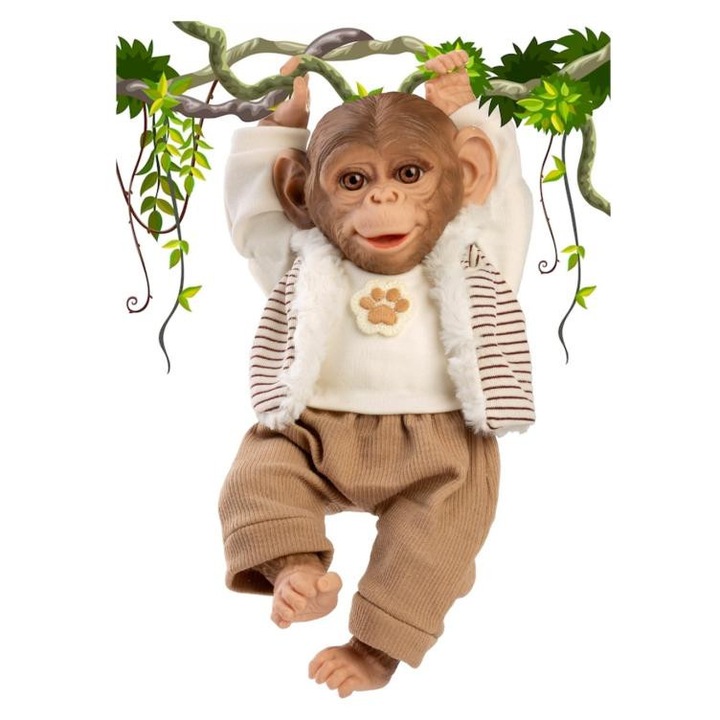 Papusa reborn maimuta, Guca, 32 cm, corp din material textil, design expresiv si pietenos, cu pantalon raiat bej, tricou si hanorac, 3 ani+
