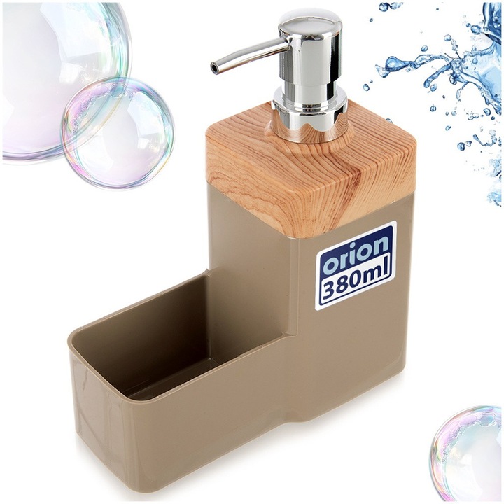 Adagoló Mosogatószer Szivacs Tartóval, Orion, 500 ml / 15.5x7.5x19.5 cm, Műanyag, Bézs/Natúr Barna, Folyékony Szappanadagoló Kendő Rendezvel, Fa Hatású Felület, Csúszásgátló Filc Talp, Praktikus Konyhai Kiegészítő