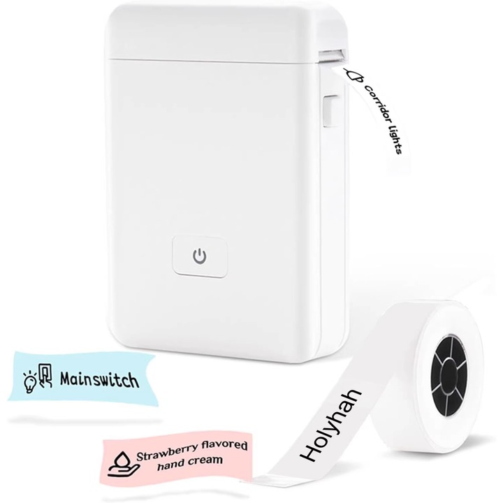 Hordozható Bluetooth hőnyomtató, kompakt, fehér, 10.8x7.6x3cm