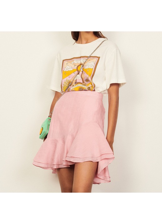 Fusta din in cu volane, Sandro, Roz, 40