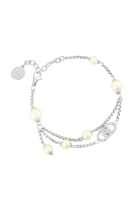 Liu Jo, Bratara decorata cu perle sintetice si cristale, Alb murdar, Argintiu
