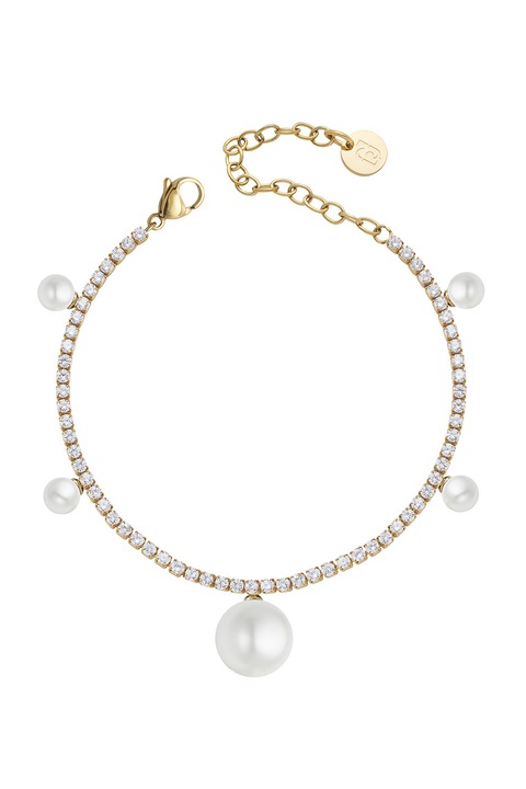 Liu Jo, Bratara de otel inoxidabil cu perle sintetice si cristale, Alb, Auriu, Argintiu