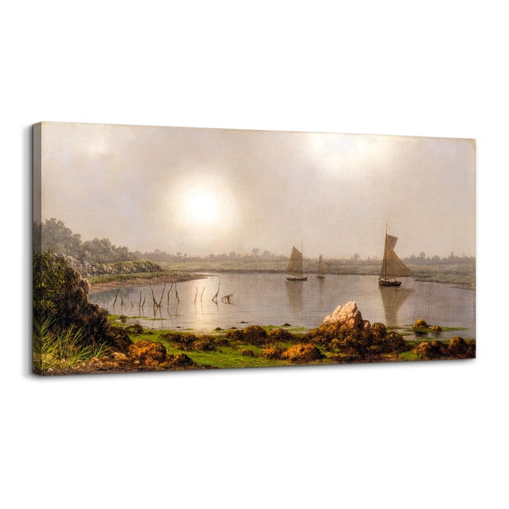 Tablou mare pe panza cu rama, print vintage, apus la port, dimensiuni 50 x 100 cm