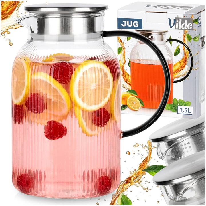 Cana Pentru Apa Si Sucuri, Vilde, 1.5 L / 16.5x11.5x20 cm, Sticla Borosilicata Si Inox, Transparent/Auriu, Carafa Eleganta Cu Suprafata Striata, Capac Cu Sita Dubla Pentru Retinere Fructe Si Gheata, Maner Negru Ergonomic, Termorezistenta